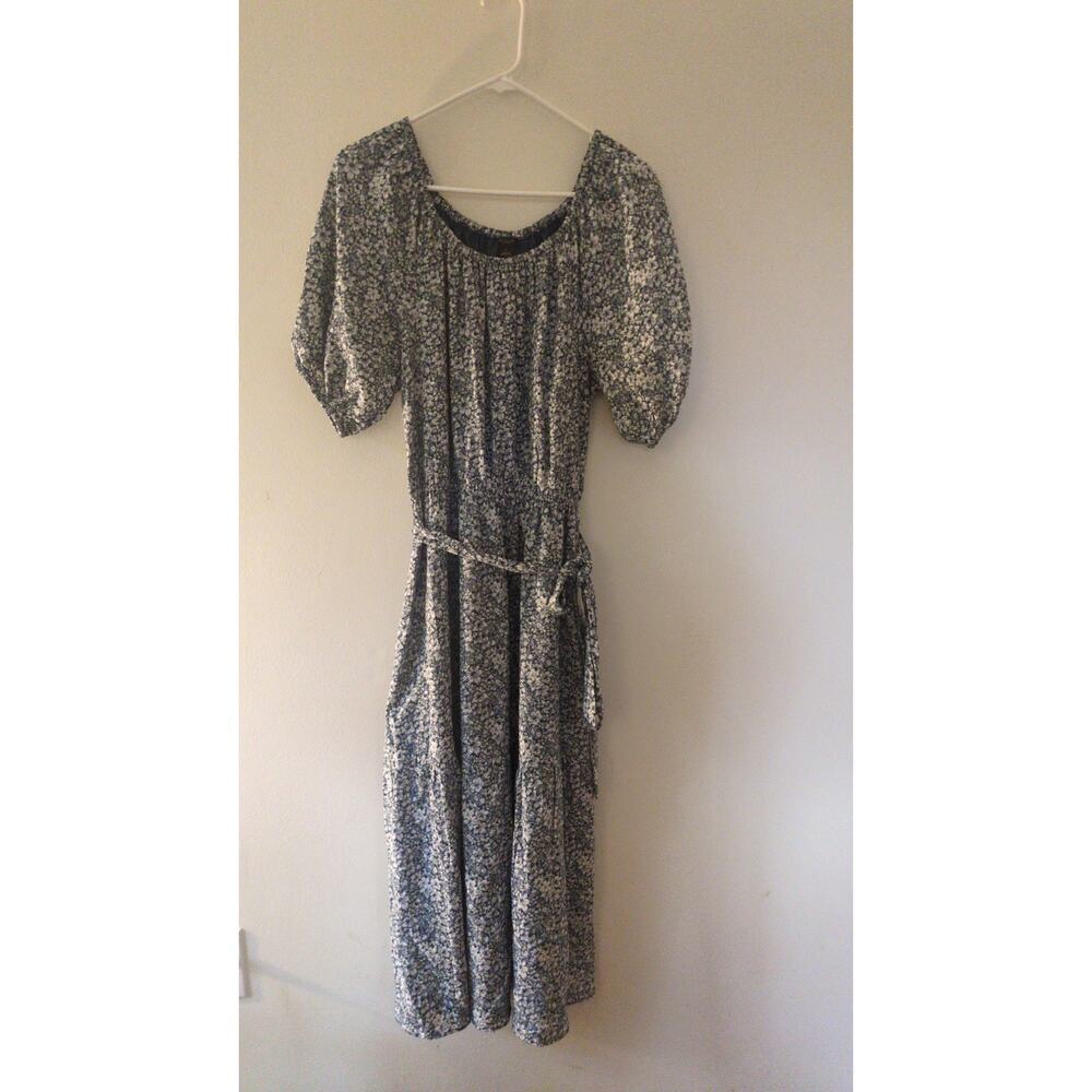 Ann Taylor Factory Tiered Maxi Dress, Belted, Blue Floral, Cottage, Peasant